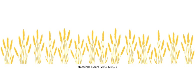 Background of yellow cereal ears. Nature banner. Template of ripe ears silhouette isolated on white. Vector flat illustration.