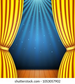 Background with a yellow curtain and a spotlight. vector illustration