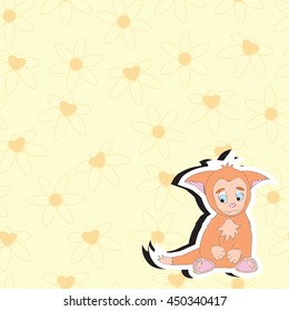 The background of yellow flowers with irises and daisies sticker cute kitten for children.