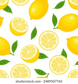 Background with yellow lemons. Whole citrus fruits with green leaf, slices and halves. Vector cartoon illustration. Seamless pattern.