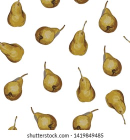 Background of yellow pears on white background. Background for the harvest festival. Fruit background. Vector, isolate