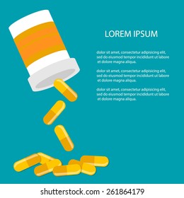 Background with yellow pills and pill bottle isolated, vector illustration