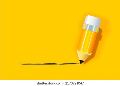  Background with Yellow realistic pencil with eraser. 3D illustration of yellow pencils, on a white and yellow background. The pencil draws a line.