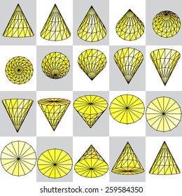 Background of yellow rotating cone on a plaid pattern