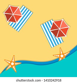 Background with yellow sea starfishes, sand, sun shades and beach lounger flat style design vector illustration. Marine summer ocean symbol star fish background can be used for website, flyer, banners