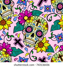 Background With Yellow Sugar Skulls, Cross And Floral Designs. Day Of The Dead. Seamless Vector Pattern.