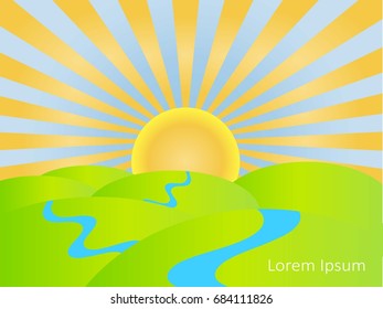 Background with yellow sun, rays, blue sky, river, green hills, Lorem ipsum stock vector illustration