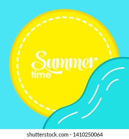 Background with yellow sun and sea waves flat style design vector illustration isolated on blue background. Marine summer ocean background can be used for website, flyer, banner design