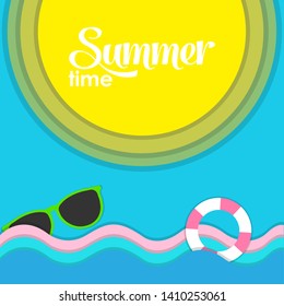 Background with yellow sun, sea waves, sunglasses and lifebuoy flat style design vector illustration isolated on blue background. Marine summer ocean background can be used for website, flyer, banner