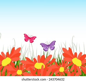 background with yellow sunflowers, green grass and butterflies