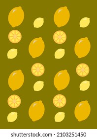 Background from yellow symbols of a fruit called lemon on a dark background. Food and vitamins concept. Vector flat illustration.
