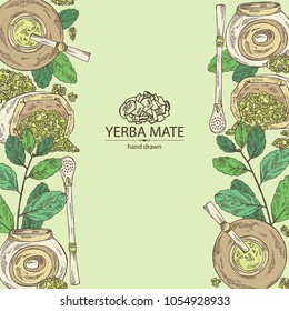 Background with yerba mate: drink mate, bomber, calabash, and mate branch and leaves. Vector hand drawn illustration.