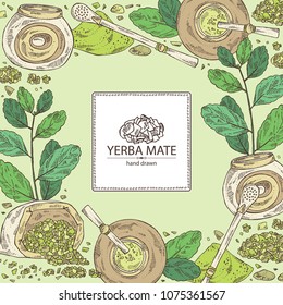 Background with yerba mate: drink mate, bomber, calabash, and mate branch and leaves. Vector hand drawn illustration.