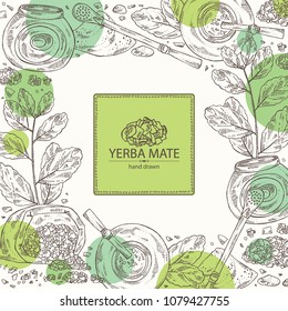 Background with yerba mate: drink mate, bomber, calabash, and mate branch and leaves. Vector hand drawn illustration.