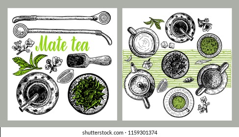 Background with yerba mate: drink mate, bomber, calabash, and mate branch and leaves. Vector hand drawn illustration. Yerba mate tea.