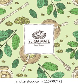 Background with yerba mate: drink mate, bomber, calabash, and mate branch and leaves. Vector hand drawn illustration.