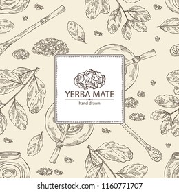 Background with yerba mate: drink mate, bomber, calabash, and mate branch and leaves. Vector hand drawn illustration.