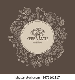 Background with yerba mate: drink mate, bomber, calabash, and mate branch and leaves. Vector hand drawn illustration.