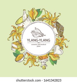 Background with ylang ylang flower, leaves, essential oil, soap, bath salt and mortar and pestle. Cosmetic, perfumery and medical plant. Vector hand drawn illustration. 