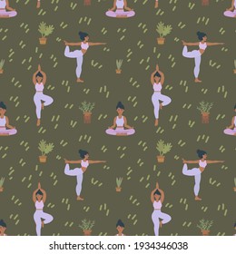 Background of a yoga class. Girls do Pilates and meditation. In a circle of greenery in nature. A pattern with people in different poses. Textiles for cute pajamas. Vector illustration