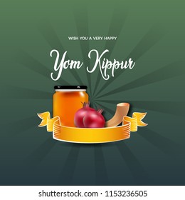 Background Yom Kippur Jewish New Year . Traditional holiday shofar, honey and apple. vector illustration.