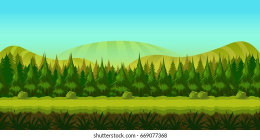 Background for you game with green forest on foreground and hills and fields on background. Vector illustration. clean and bright.