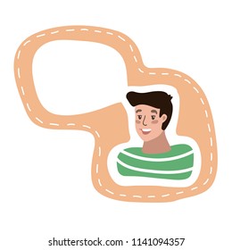 Background with young man and speech bubble. Vector template with helper. Isolated. Guy thinking or saying.