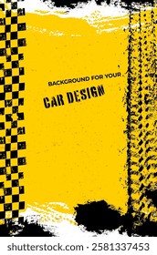 Background for your car design with tire tracks and chess flag pattern. Copy space for your text. Vector illustration.