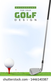 Background for your golf design with ball on tee, golf club, flag, grass and copy space - vector illustration