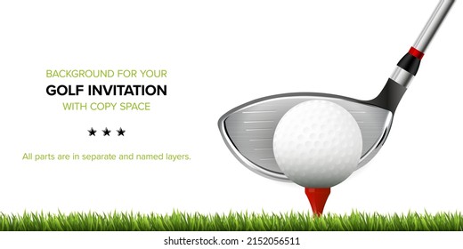 Background for your golf invitation with club, ball, tee, grass and copy space for text - vector illustration