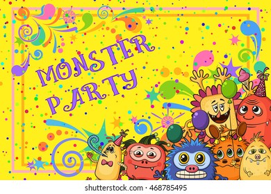Background for Your Holiday Party Design with Different Cartoon Monsters, Colorful Illustration with Cute Funny Characters. Vector