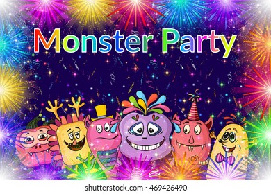 Background for Your Holiday Party Design with Different Cartoon Monsters, Colorful Illustration with Cute Funny Characters and Bright Fireworks. Eps10, Contains Transparencies. Vector