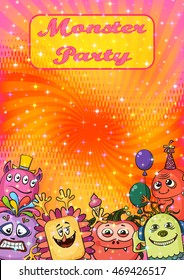 Background for Your Holiday Party Design with Different Cartoon Monsters, Colorful Illustration with Cute Funny Characters. Eps10, Contains Transparencies. Vector