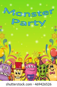 Background for Your Holiday Party Design with Different Cartoon Monsters, Colorful Illustration with Cute Funny Characters. Eps10, Contains Transparencies. Vector