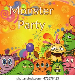 Background for Your Holiday Party Design with Different Cartoon Monsters, Colorful Illustration with Cute Funny Characters. Eps10, Contains Transparencies. Vector