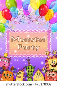 Background for Your Holiday Party Design with Different Cartoon Monsters, Colorful Illustration with Cute Funny Characters, Balloons and Bright Fireworks. Eps10, Contains Transparencies. Vector