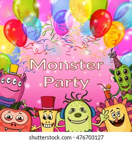 Background for Your Holiday Party Design with Different Cartoon Monsters, Colorful Illustration with Cute Funny Characters, Balloons and Bright Fireworks. Eps10, Contains Transparencies. Vector