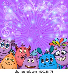 Background for Your Holiday Party Design with Different Cartoon Monsters, Colorful Illustration with Cute Funny Characters. Vector.