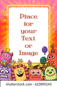Background for Your Holiday Party Design with Different Cartoon Monsters, Colorful Illustration with Cute Funny Characters and Empty Place for Text or Image. Eps10, Contains Transparencies. Vector