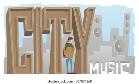 Background for your screen illustration of a man listening to the music in a city