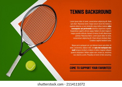 Antecedentes de su diseño de tenis con raqueta y bola en cancha - ilustración vectorial