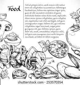 Background for your text with doodles on the subject of food - kebab, meat,seafood