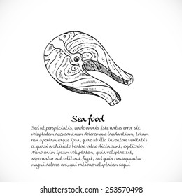 Background for your text with doodles on a teme Seafood - fish steak