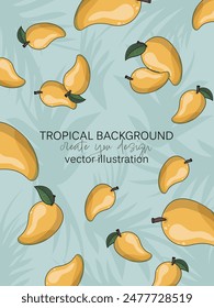 A background for your text featuring a pale blue hue with silhouettes of tropical leaves, scattered with vibrant, juicy mangoes in a simple flat vector style.