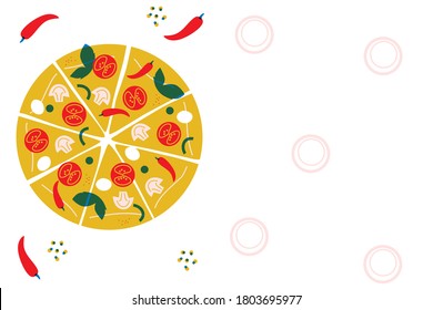 Background for your text pizza illustration. Vector pizzeria. Cafe or pizzeria menu design in colorful simple style.