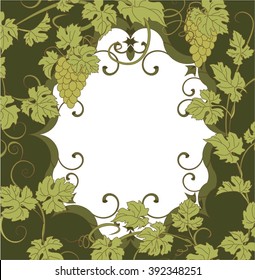 Background for your text with vines in vintage style. Vector label for wine in vintage style. Vines and bunches of grapes on a background frame for text.