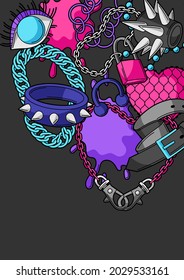 Background with youth subculture symbols. Teenage creative illustration. Fashion necklaces in cartoon style.