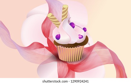 Background yummy cupcake with blueberry and bubble-shaped biscuits.  Vector illustration.