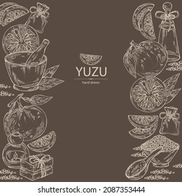 Background with yuzu: fruts, leaves, yuzu slice and bath salt, soap and beauty products. Citrus junos. Cosmetic, perfumery and medical plant. Vector hand drawn illustration.
