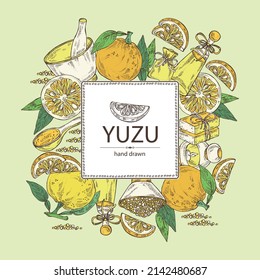 Background with yuzu: fruts, leaves, yuzu slice and bath salt, soap and beauty products. Citrus junos. Cosmetic, perfumery and medical plant. Vector hand drawn illustration.